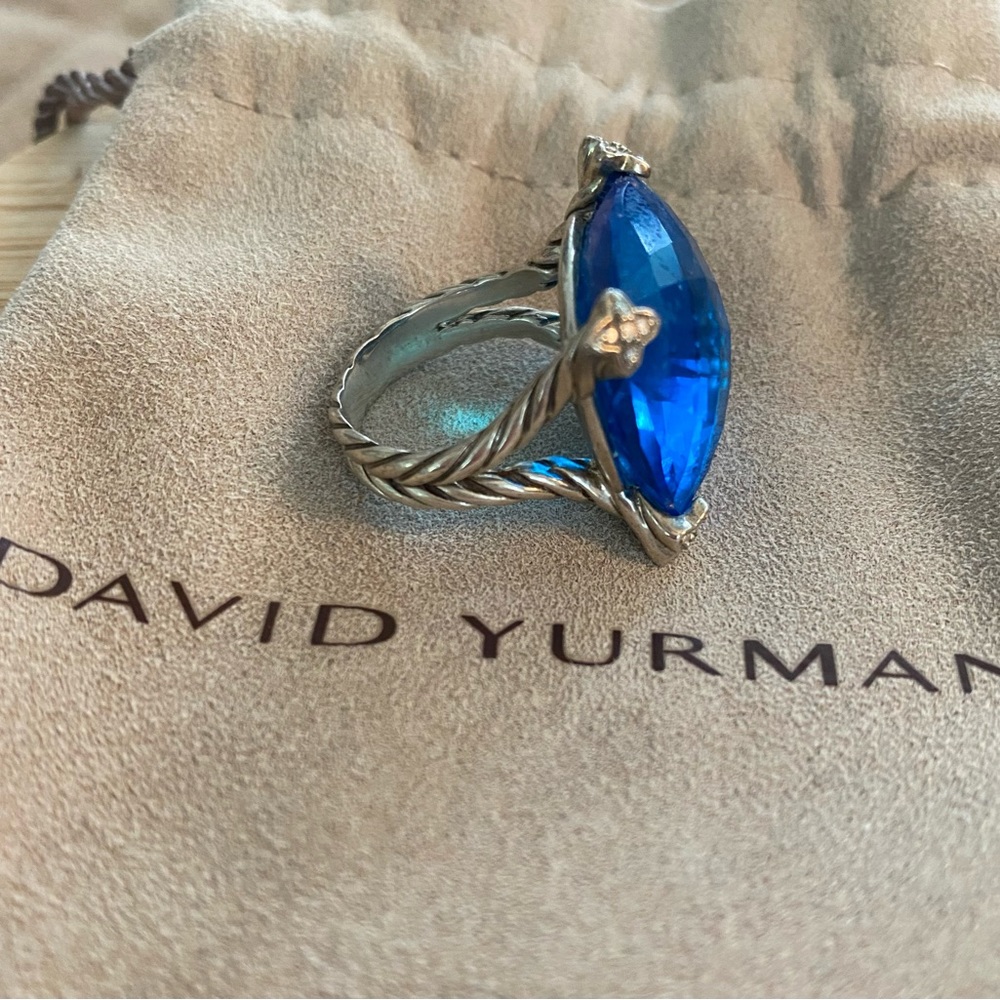 David Yurman 20 MM Blue Topaz & Diamond Cushion On Point Ring - Picture 2 of 5